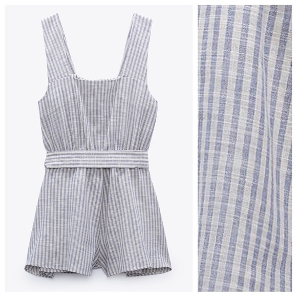 Zara Blue/Cream Linen Blend Striped Jumpsuit. Size M. - Picture 8 of 11